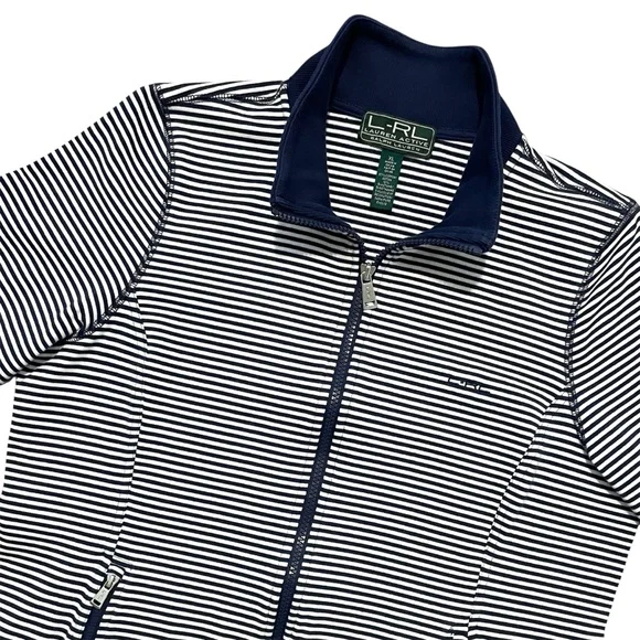Lauren Active by Ralph Lauren L-RL Navy Blue & White Striped Zip-Up Track Jacket - Picture 10 of 16